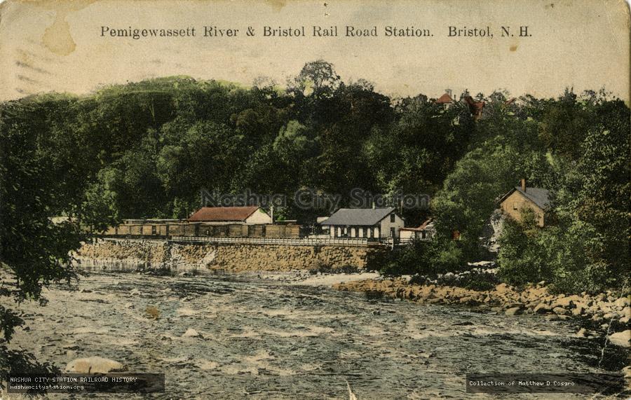 Postcard: Pemigewasset River & Bristol Railroad Station, Bristol, New Hampshire